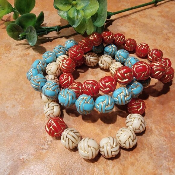 Cute Red, White and Blue Acrylic Beaded Bracelet Set of 3 Handmade - Picture 2 of 3